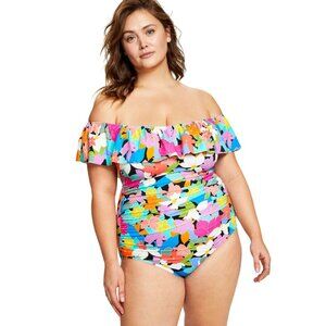 NWT Swim Solutions Ruffled Swimsuit Floral Frenzy Multi Blue 18W